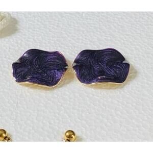 Vintage Circle Earrings Gold Tone Purple Enamel Pierced Swirl